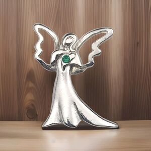 CAMCO Vintage Angel Pin Brooch Silver Tone Green Jeweled Heart Religious